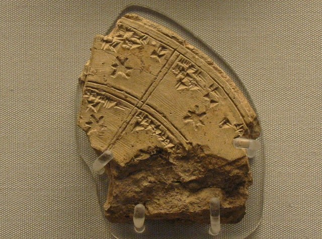 Tauleta de fang amb caràcters cuneïformes de la biblioteca d'Asurbanipal amb un fragment de planisferi celeste on consta el nom del mes amb la seva constel·lació associada, un numeral i la posició d'algunes estrelles. Babilònica. C650 aC.  (Foto E. Farré; British Museum)